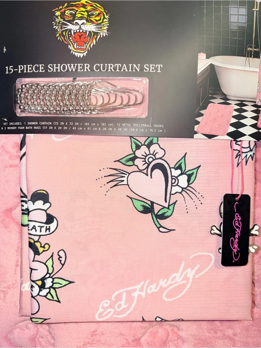 🐯Ed Hardy Pink 15-Piece Shower Curtain Set with Heart Tattoo 💖